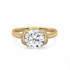 Front top-down perspective of a 3 carat round cut lab grown diamond solitaire ring in 14K yellow gold with side accent diamonds.