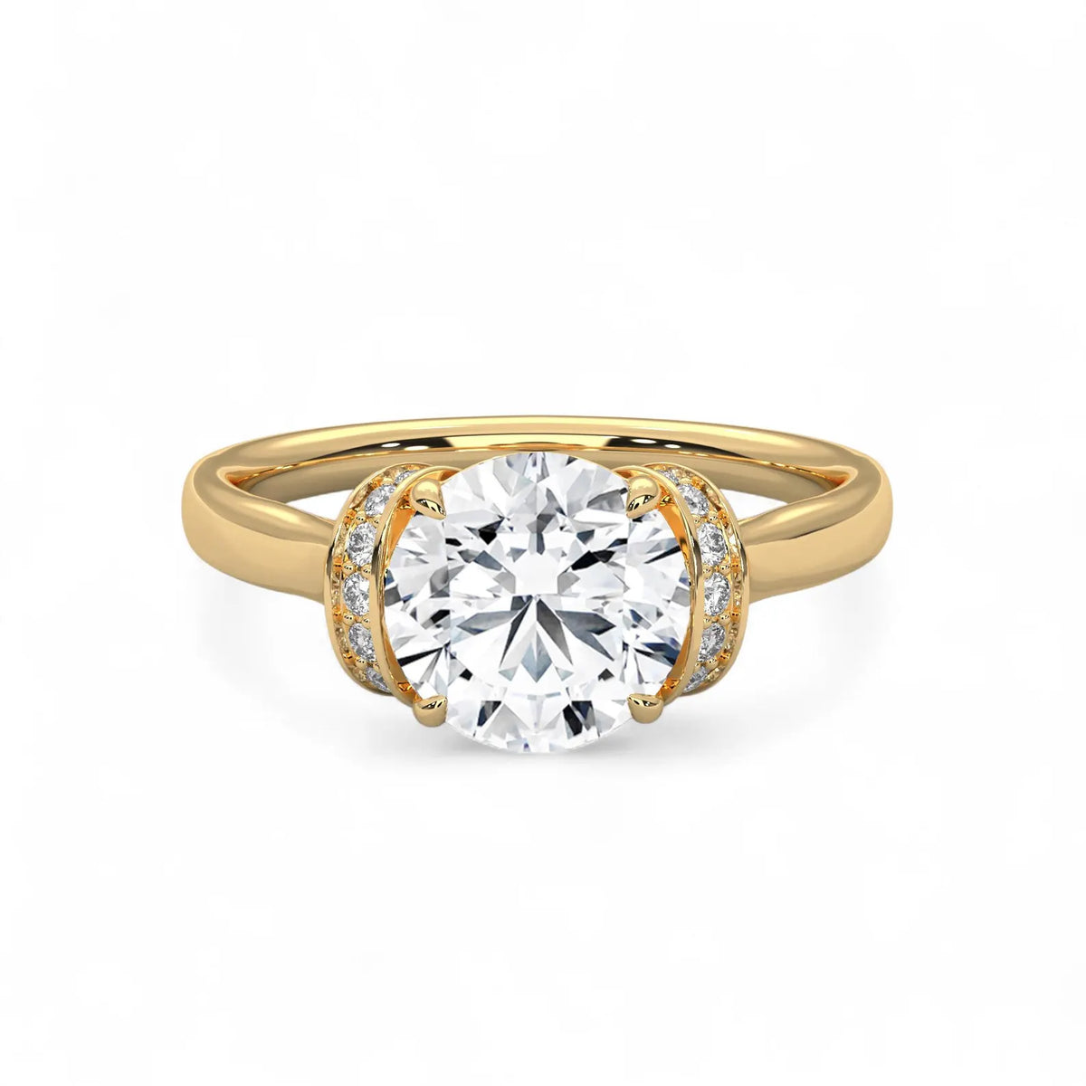Front top-down perspective of a 3 carat round cut lab grown diamond solitaire ring in 14K yellow gold with side accent diamonds.