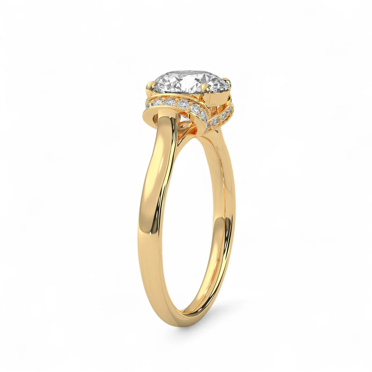 Three-quarter angle view of a yellow gold 3 carat round lab diamond engagement ring showcasing the polished band and pave setting.