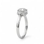Perspective view of a white gold 3 CT round lab grown diamond engagement ring illustrating the elevated center stone and side collar.