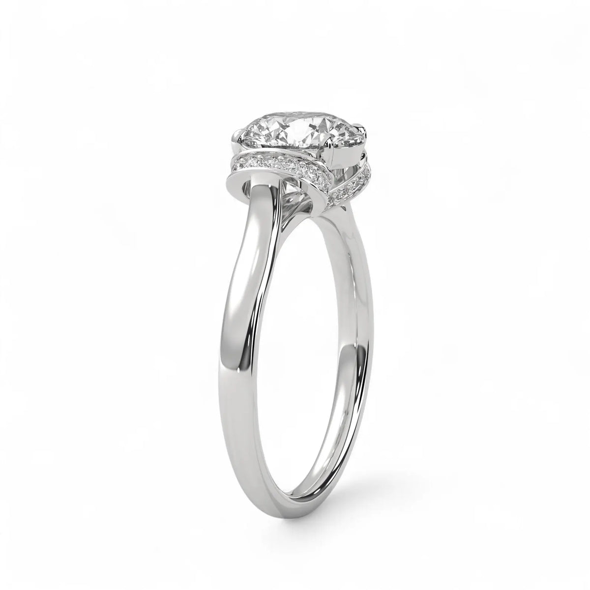 Perspective view of a white gold 3 CT round lab grown diamond engagement ring illustrating the elevated center stone and side collar.