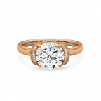 Overhead front view of a 3 CT round brilliant lab grown diamond engagement ring set in romantic rose gold.