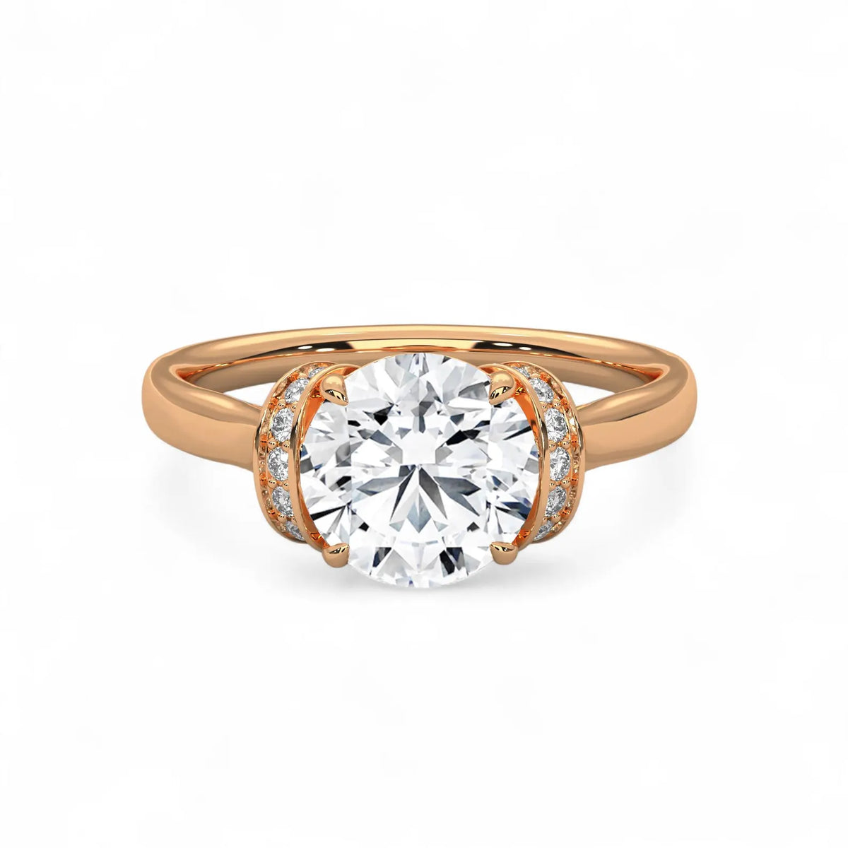 Overhead front view of a 3 CT round brilliant lab grown diamond engagement ring set in romantic rose gold.