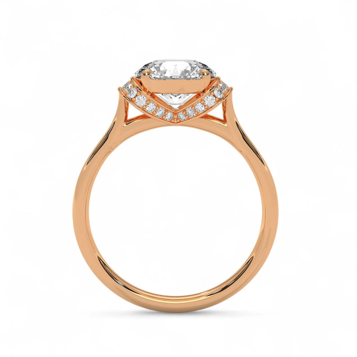 Side profile view of a rose gold 3 carat round cut lab diamond ring showing the arching pave diamond hidden halo basket.