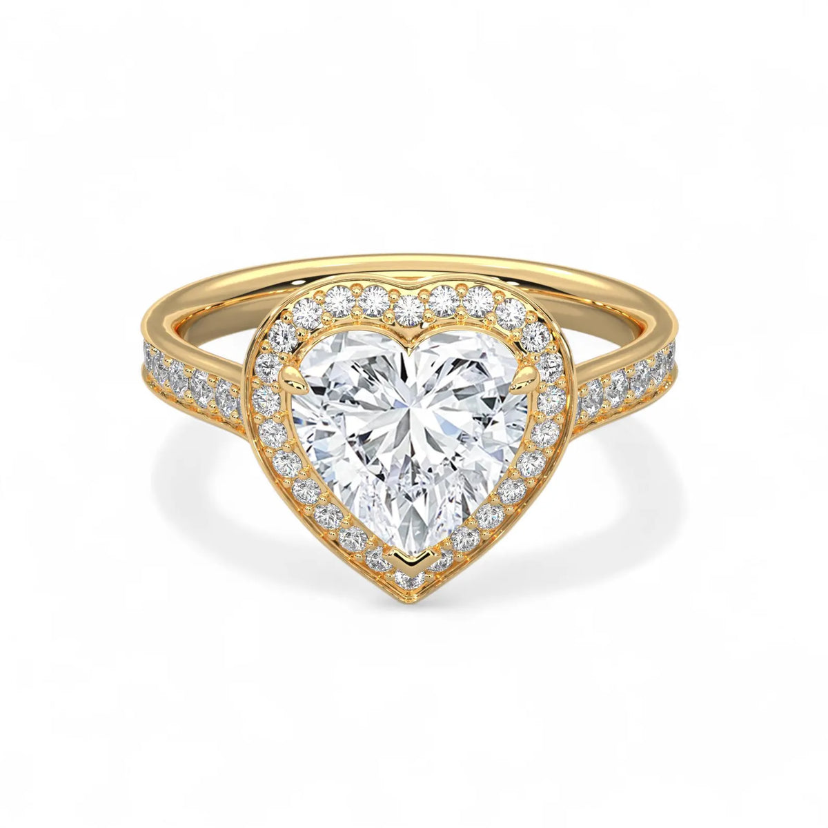 Top-down view of a 3 CT heart-cut lab grown diamond halo ring with accent diamonds on a yellow gold band.