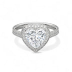 Front perspective of a 3 carat heart-shaped lab diamond engagement ring in white gold featuring a diamond halo.