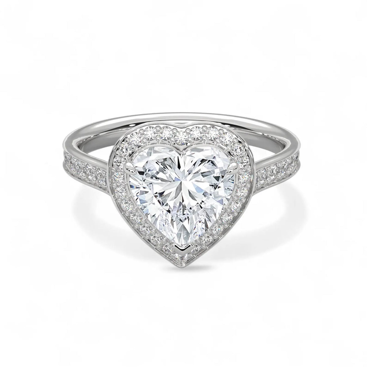 Front perspective of a 3 carat heart-shaped lab diamond engagement ring in white gold featuring a diamond halo.