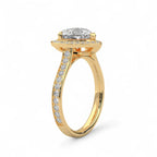 Side angle view showing the diamond halo profile and pavé band of a yellow gold 3 CT heart lab diamond ring.