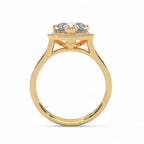 Direct side profile view of a 3 carat heart cut lab diamond ring in yellow gold illustrating the open wire setting.