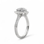 Three-quarter perspective of a 3 CT heart-shaped lab diamond halo ring in white gold highlighting the pavé shank.