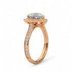 Side angle view of a rose gold 3 CT heart-cut lab diamond engagement ring with sparkling halo and pavé band details.