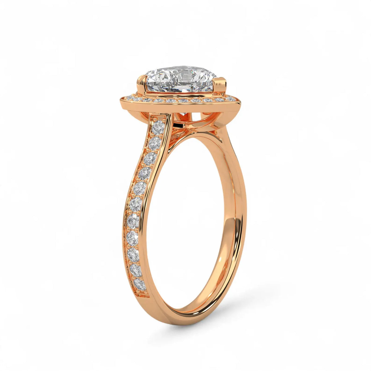 Side angle view of a rose gold 3 CT heart-cut lab diamond engagement ring with sparkling halo and pavé band details.