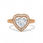 Top-down view of a 3 CT heart-cut lab grown diamond halo ring with a plain rose gold band.