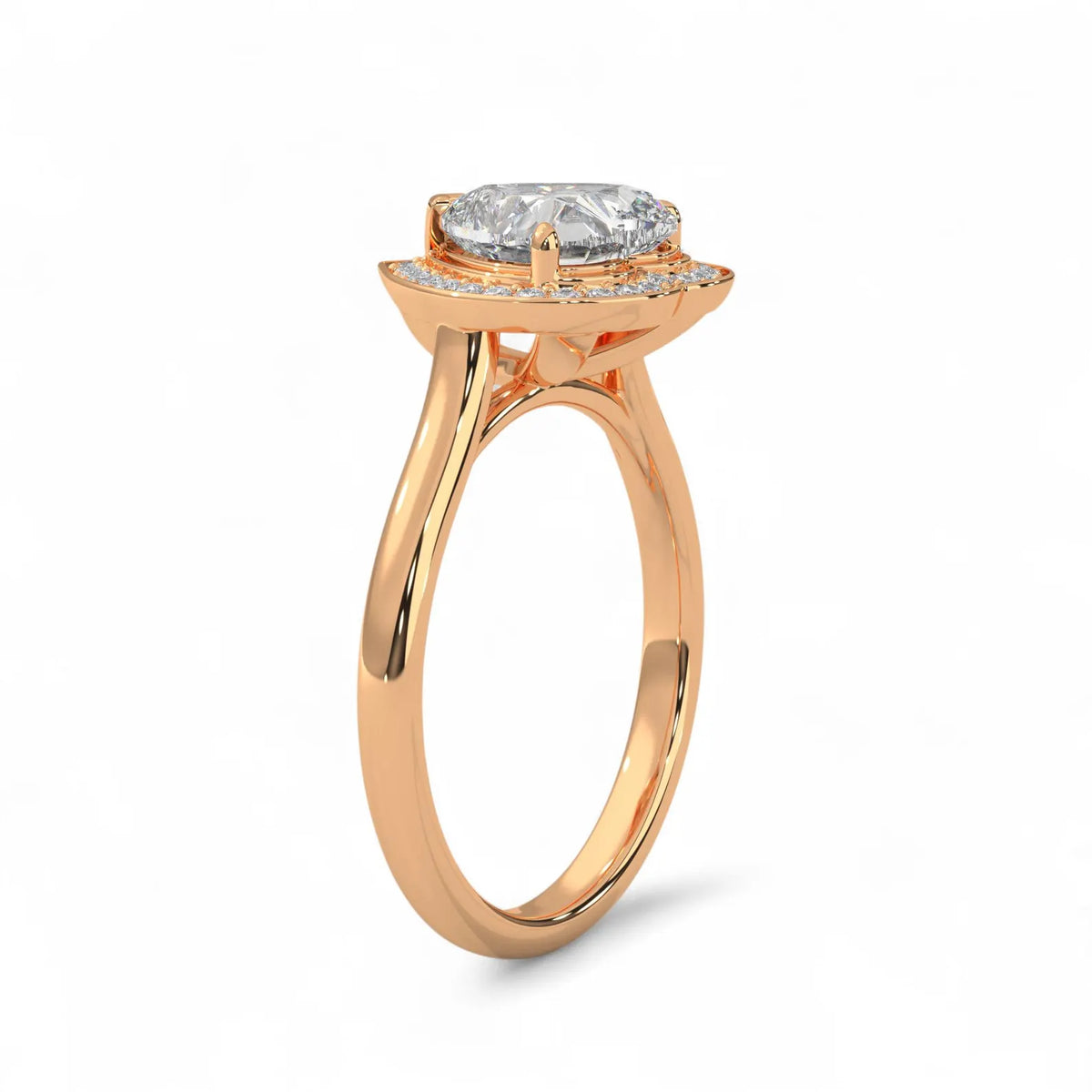 Three-quarter side view of a 3 carat heart-shaped lab diamond engagement ring with halo on a plain rose gold band.