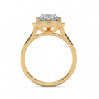 Side profile view showing cathedral bridge architecture of a 3 carat heart halo ring in yellow gold.