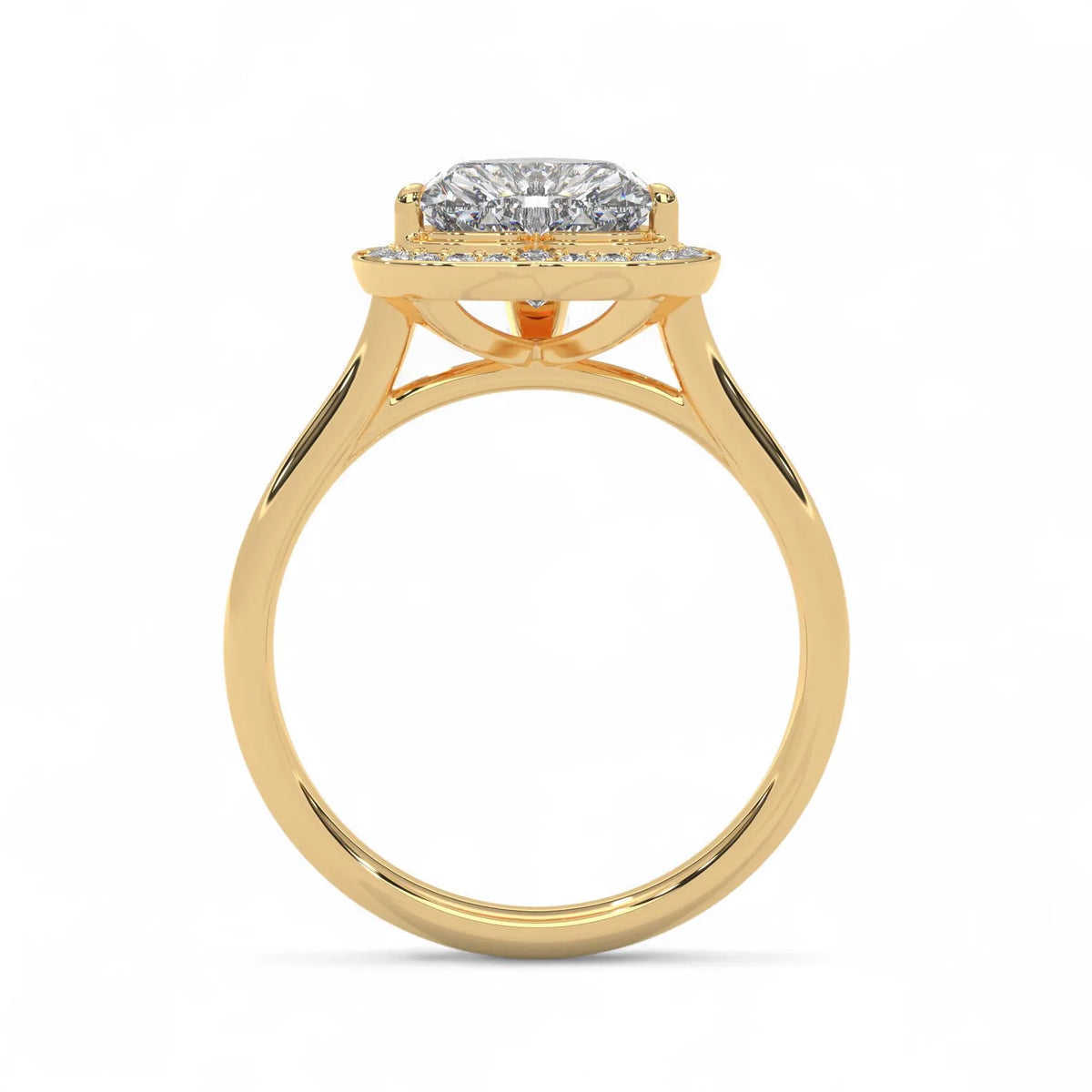 Side profile view showing cathedral bridge architecture of a 3 carat heart halo ring in yellow gold.