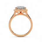 Direct side profile view of a rose gold 3 carat heart cut lab diamond halo engagement ring.