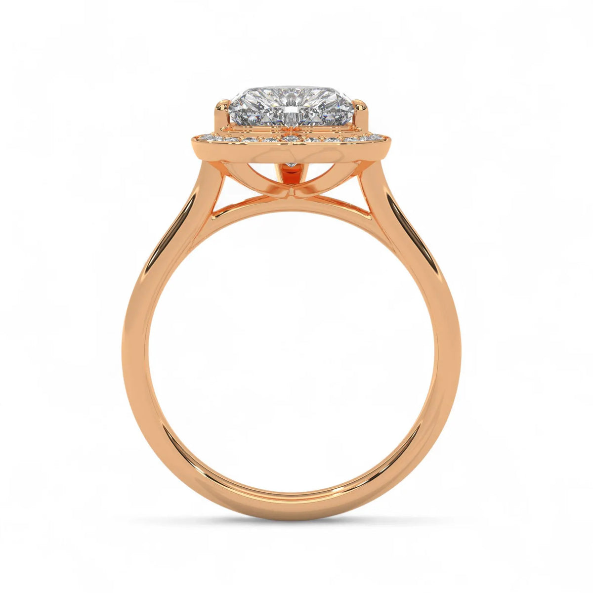 Direct side profile view of a rose gold 3 carat heart cut lab diamond halo engagement ring.