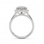 Direct side profile view of a white gold 3 CT heart lab grown diamond engagement ring showing open basket.