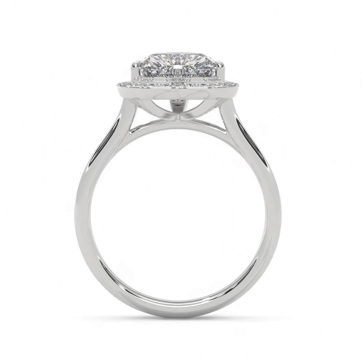 Direct side profile view of a white gold 3 CT heart lab grown diamond engagement ring showing open basket.