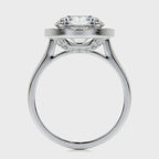 Side profile view showing cathedral bridge and hidden under-gallery pavé of a 4 CT round lab diamond ring in white gold.