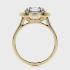 Side profile view of a yellow gold 4 CT round cut lab diamond halo ring featuring hidden under-gallery pavé.