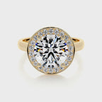 Direct top-down view of a 4 CT round cut lab grown diamond engagement ring in yellow gold.