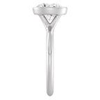 Side profile view of a white gold 3 CT round lab diamond bezel ring highlighting the open gallery.