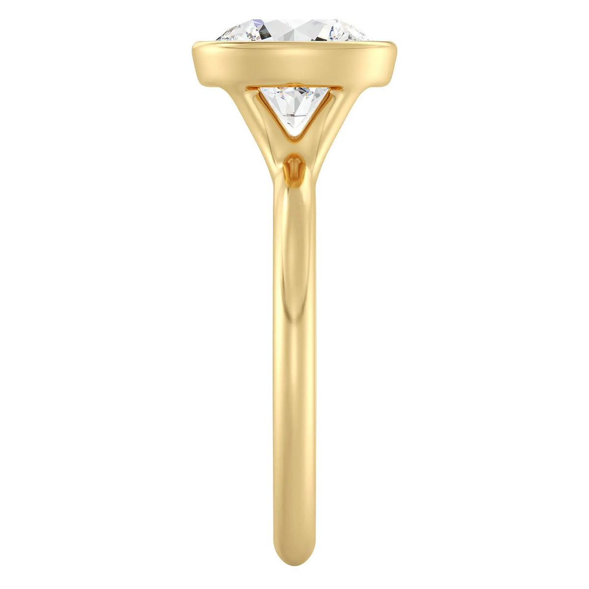 Side profile view showing the architectural bezel setting of a yellow gold 3 CT round lab diamond ring.
