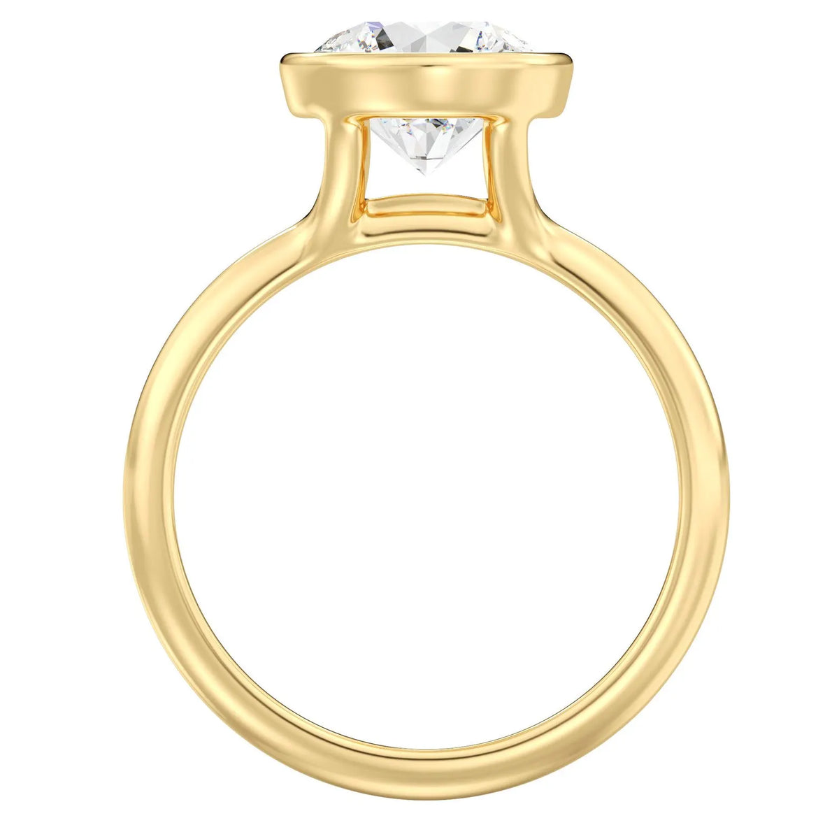 Full profile view of a yellow gold 3 CT round lab grown diamond bezel solitaire ring.