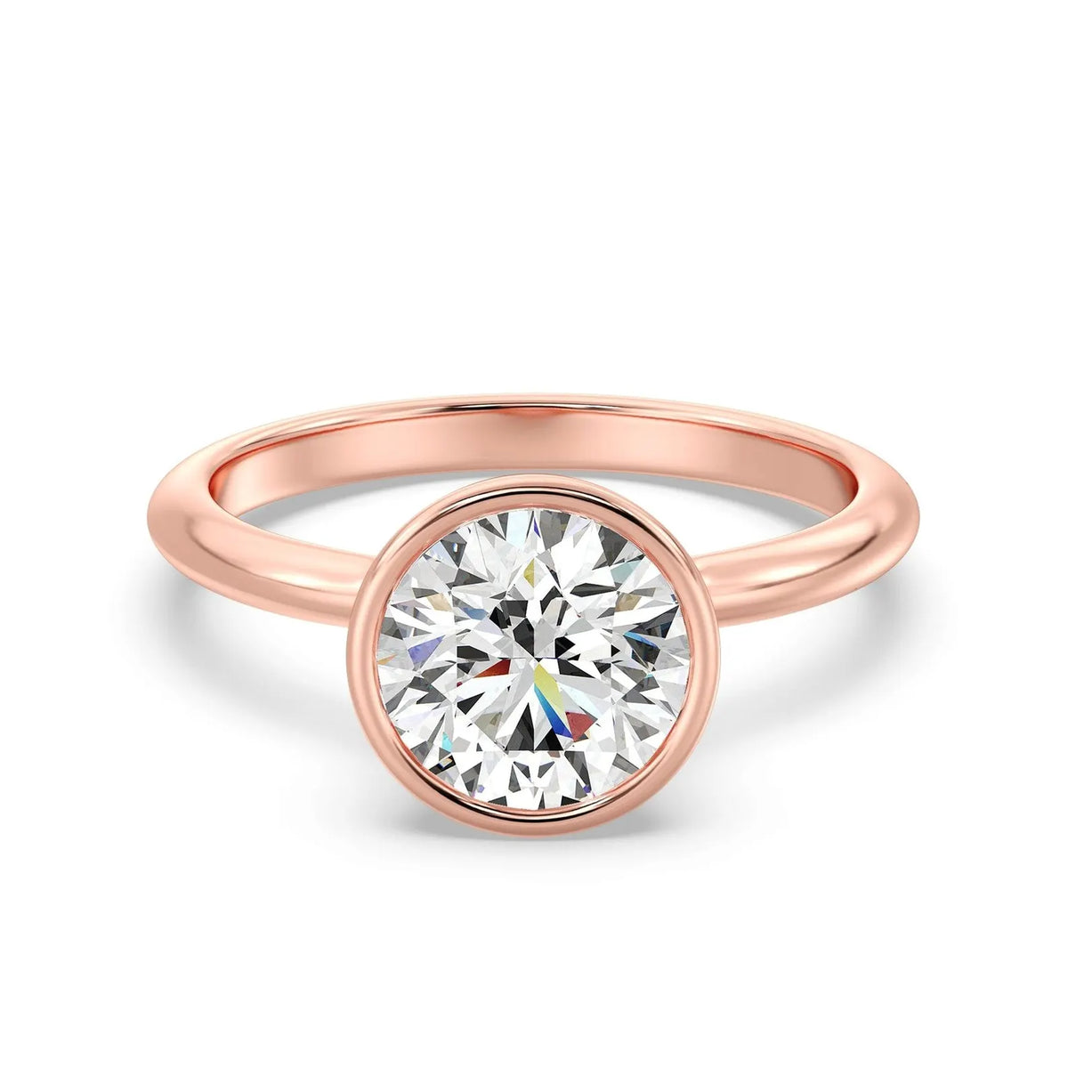 Front view of a 3 CT round cut lab grown diamond bezel engagement ring in rose gold.