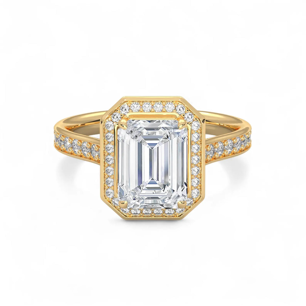 Top view of a 4 carat emerald cut lab grown diamond ring with halo setting in yellow gold.