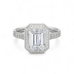 Top view of a 4 CT emerald cut lab diamond halo ring in white gold.