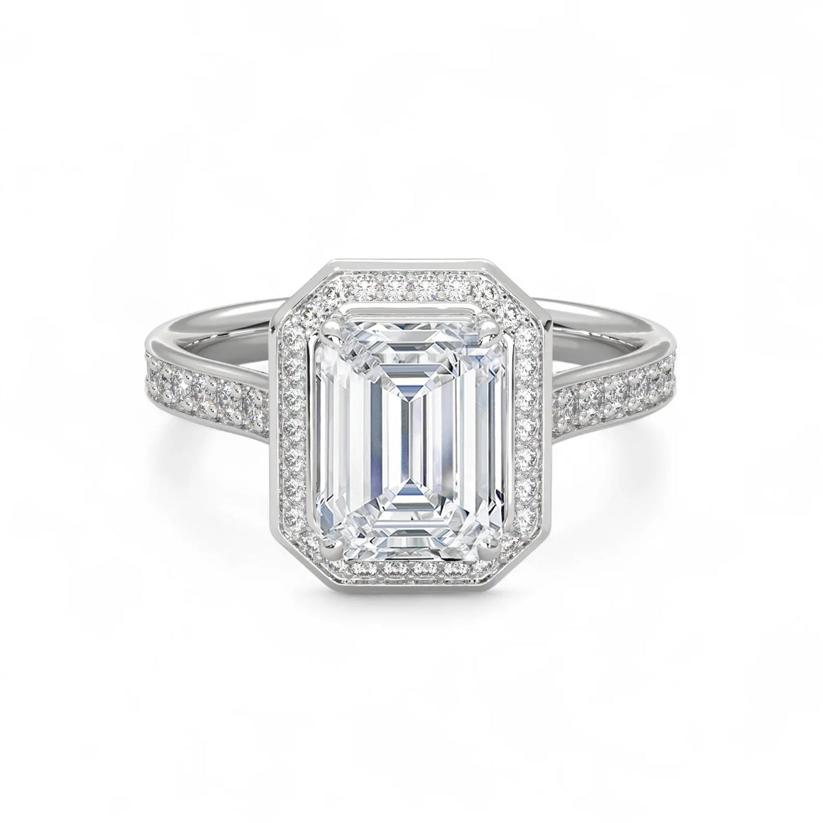 Top view of a 4 CT emerald cut lab diamond halo ring in white gold.
