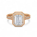 Top view of a rose gold 4 CT emerald cut lab grown diamond halo engagement ring.