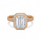 Top view of a rose gold 4 CT emerald cut lab grown diamond halo engagement ring.