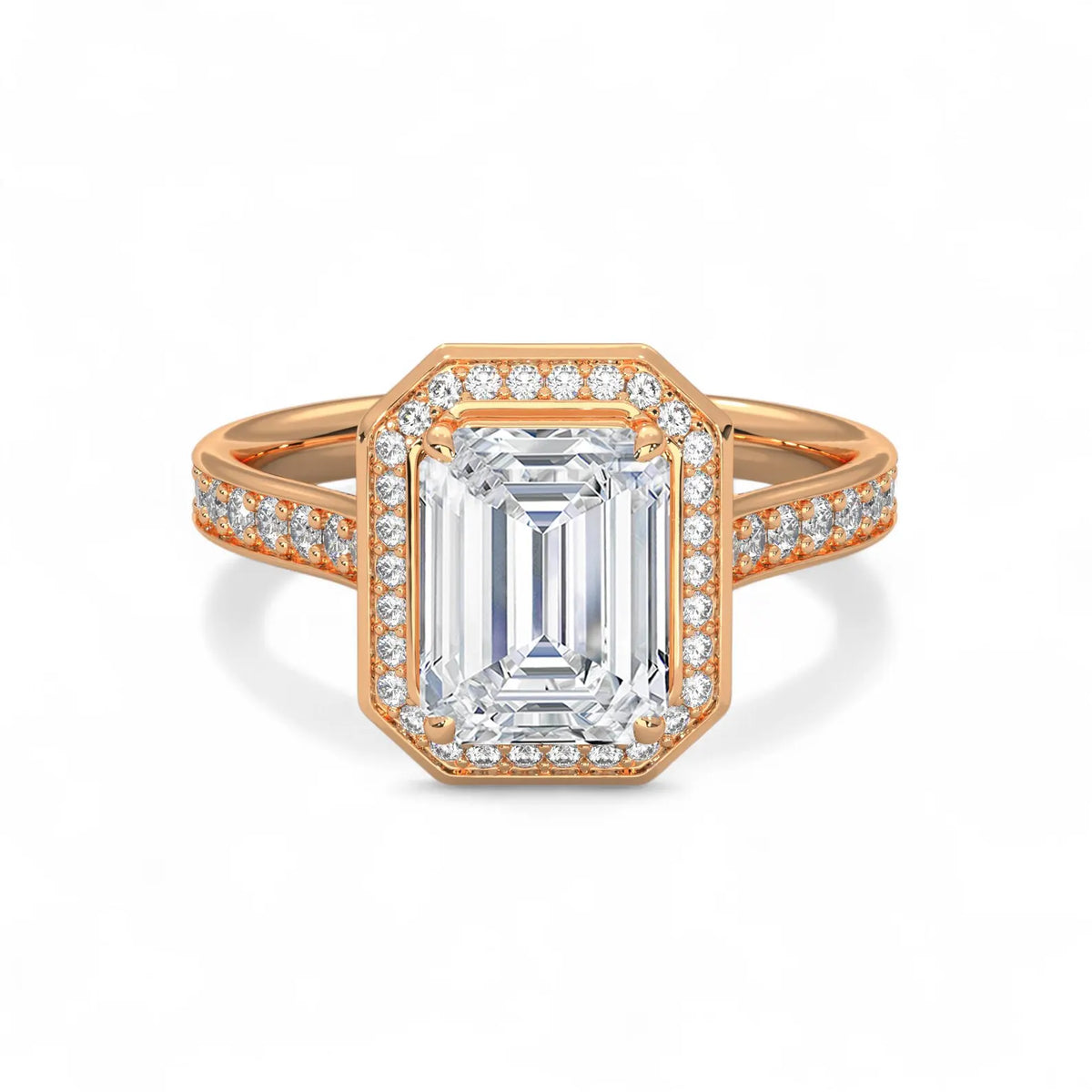 Top view of a rose gold 4 CT emerald cut lab grown diamond halo engagement ring.