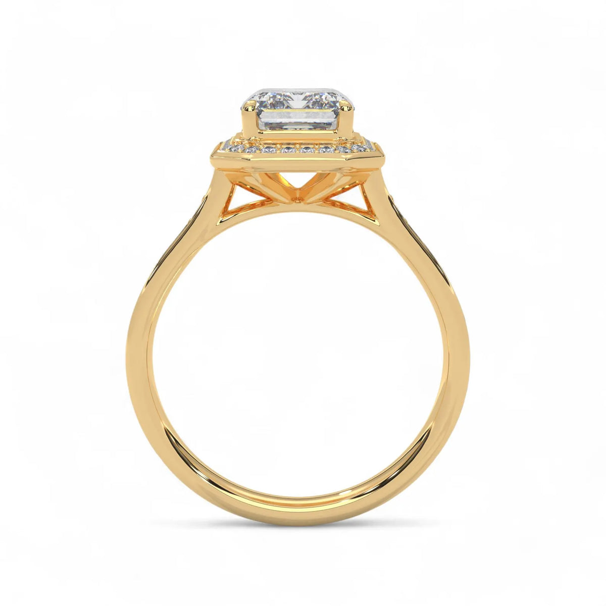 Side profile elevation view of a 4 carat emerald cut lab diamond halo ring in yellow gold.