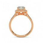 Side profile elevation view of a rose gold 4 CT emerald cut lab grown diamond halo ring.