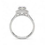 Side profile elevation view of a white gold 4 CT emerald cut lab diamond halo ring.