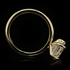 Side profile view of an IGI certified 4 carat emerald cut lab diamond ring showcasing the plain yellow gold band and diamond-accented under-gallery setting.