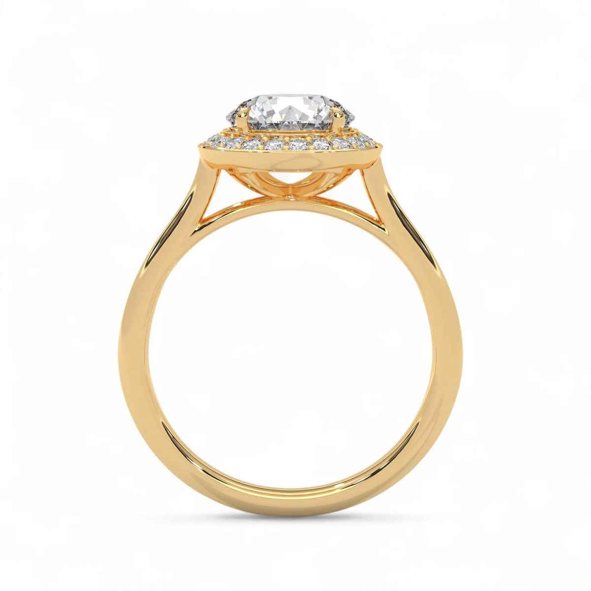 Side profile view of a yellow gold 3 CT round lab grown diamond halo engagement ring with a plain band.