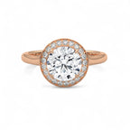 Top view of a rose gold 3 carat round lab diamond halo engagement ring on a plain shank.