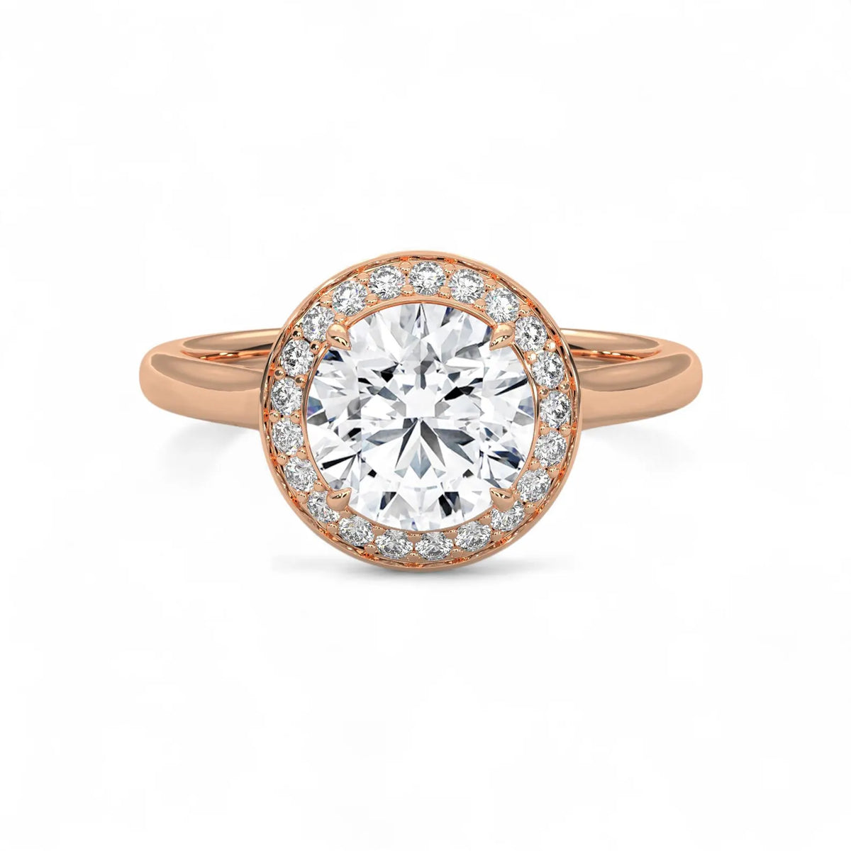 Top view of a rose gold 3 carat round lab diamond halo engagement ring on a plain shank.