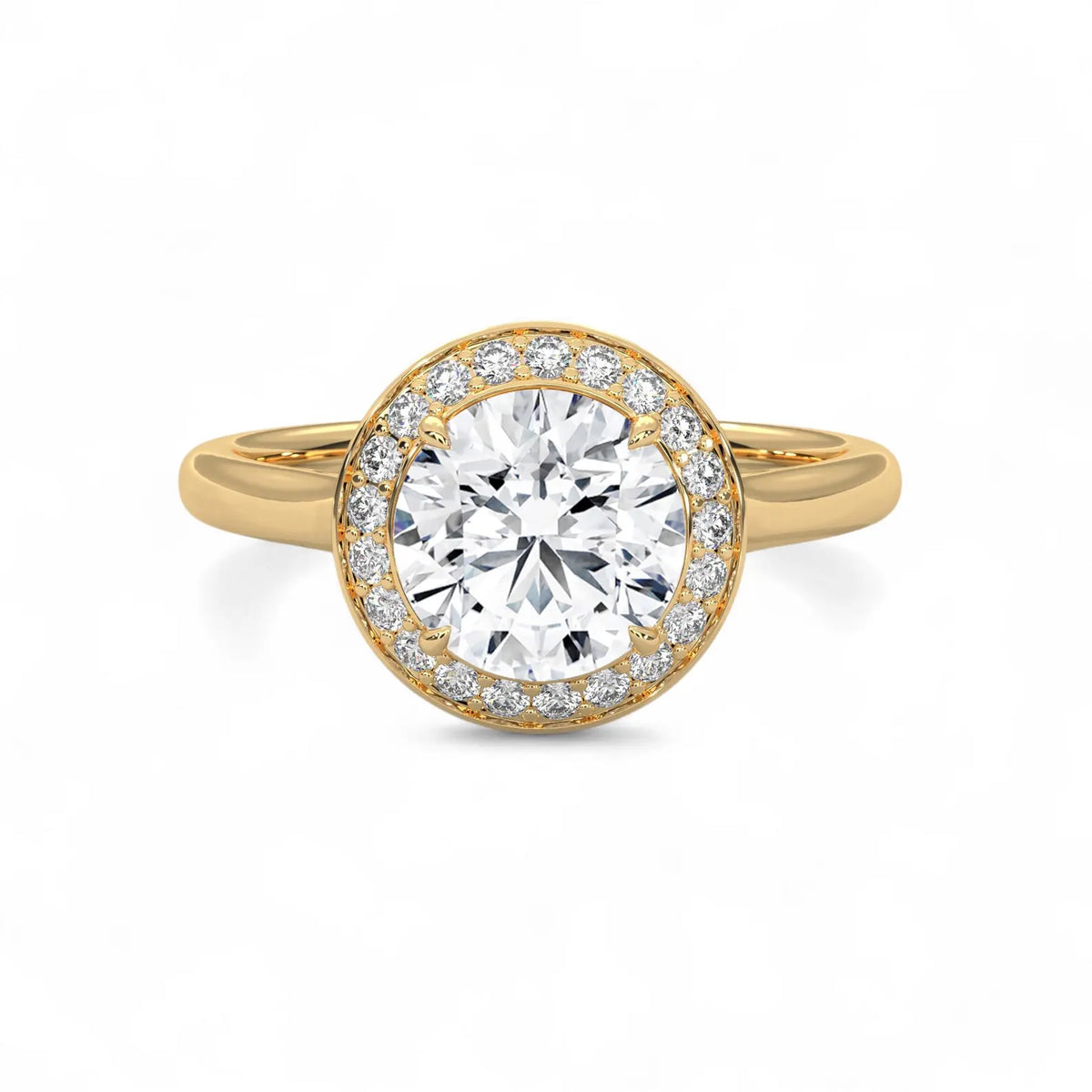 Top view of a 3 CT round cut lab grown diamond halo ring in yellow gold.