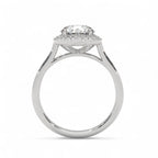 Side profile view showing the cathedral head architecture of a white gold 3 CT round lab diamond halo ring.