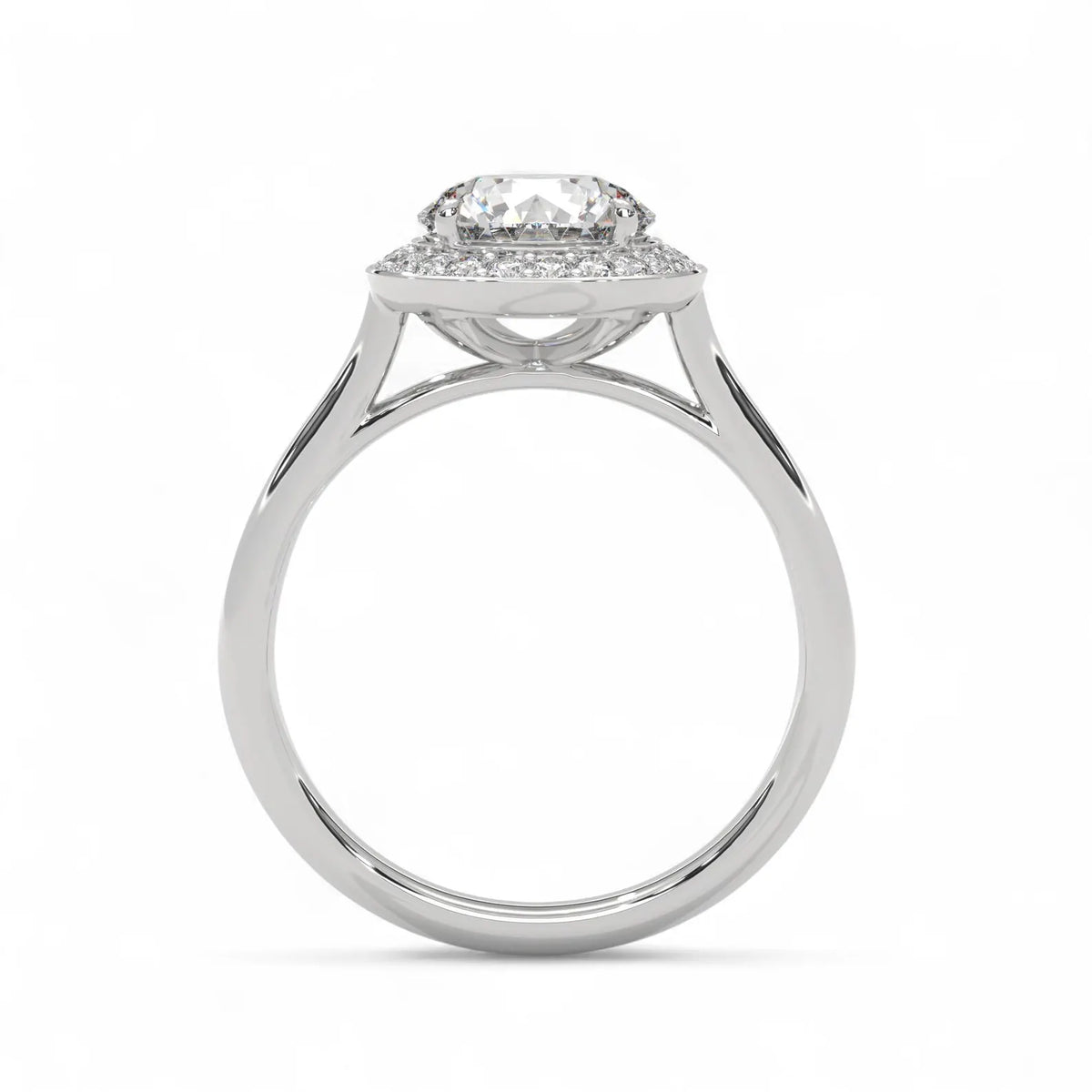 Side profile view showing the cathedral head architecture of a white gold 3 CT round lab diamond halo ring.