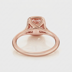Detailed underside view of the rose gold architectural basket setting on a 2 CT pink cushion cut lab grown diamond ring.