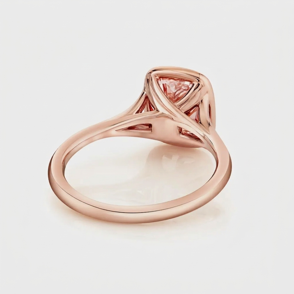 Angled under-view showing the criss-cross cathedral gallery of a 2 CT pink cushion cut lab grown diamond ring.