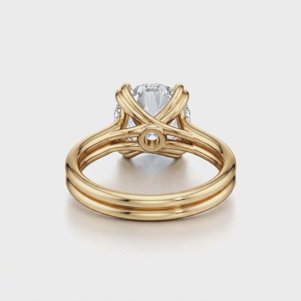 Perspective back view of a yellow gold 2 CT round lab diamond ring showcasing the double wire band and undergallery.
